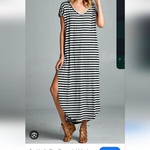 RED LOLLY GREY WHITE STRIPED MAXI DRESS